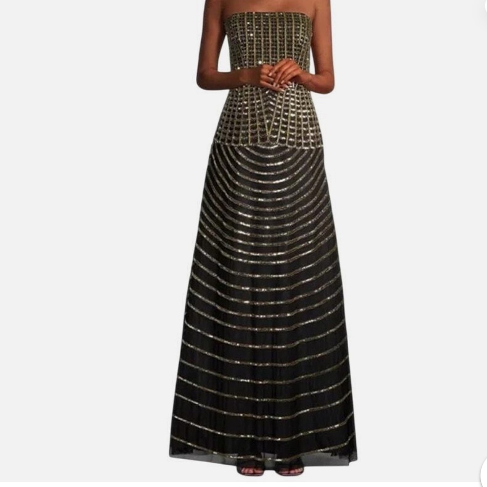 Aidan Mattox Strapless Gold and Black Sequin Dress